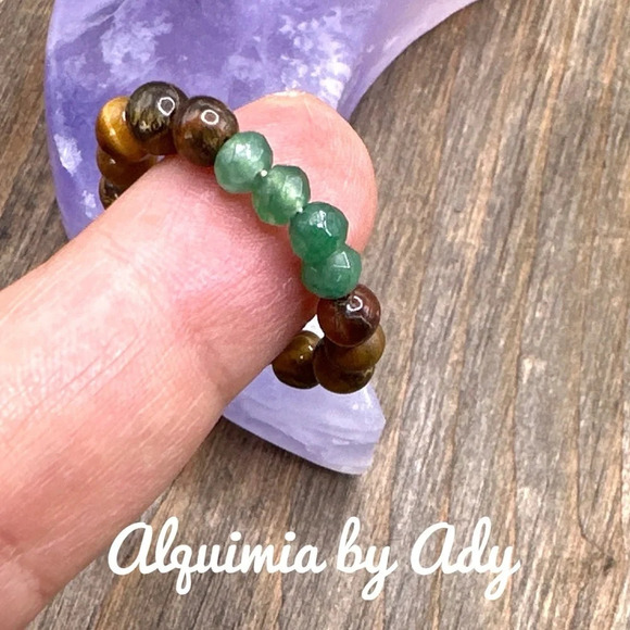 Tiger’s eye untreated emerald beaded ring band/ bohemian handmade - Picture 2 of 6